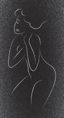 Yarım yamalak saçları olan, el çizimi yapan güzel bir kadının beyaz hatları. Koyu gri grange soyut arka plan. Mobil uygulama için modern ekran vektör tasarımı