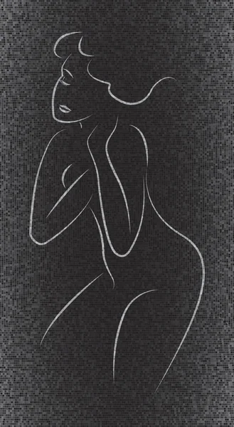 半分の白い輪郭 髪をなびかせ 美しい女性に座って 手のイラストを描く 濃い灰色の粒状の抽象的な背景 モバイルアプリのための現代的な画面ベクトルデザイン — ストックベクタ