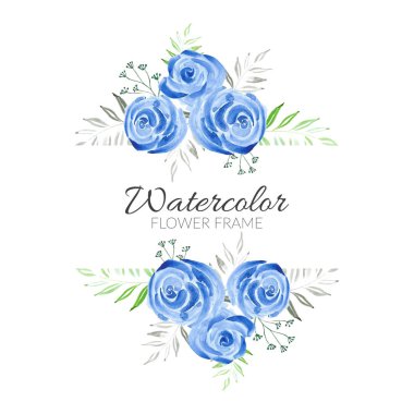 Suluboya elle boyanmış çiçek çerçevesi mavi renkte