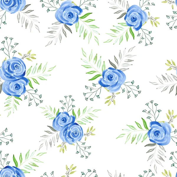 Watercolor Seamless Pattern Blue Rose Bouquet — ストックベクタ