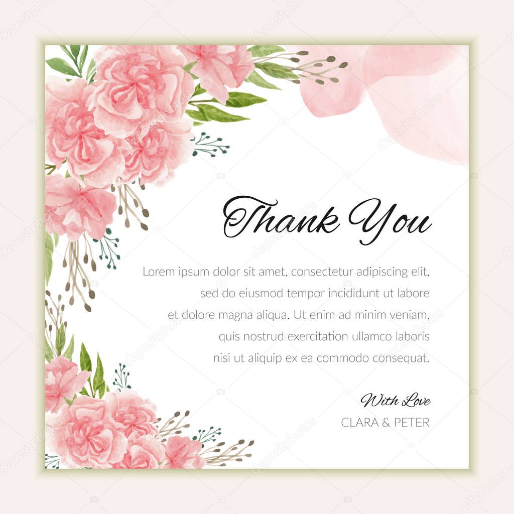 Bridal thank you card template with watercolor carnation flower