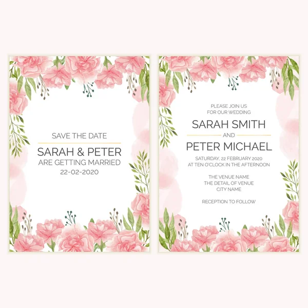 Carnation Floral Wedding Invitation Card Watercolor Style — Stock Vector