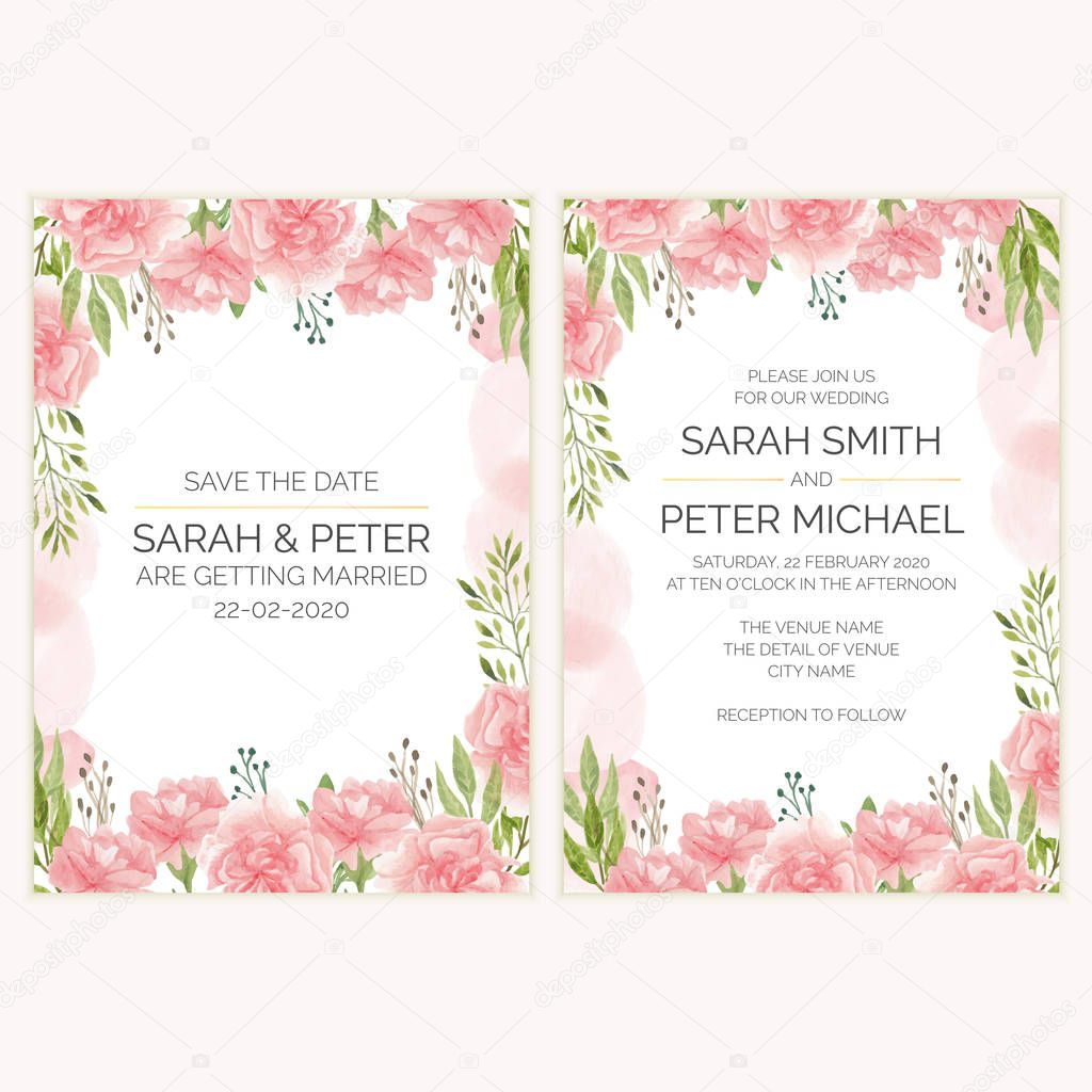 Carnation floral wedding invitation card in watercolor style