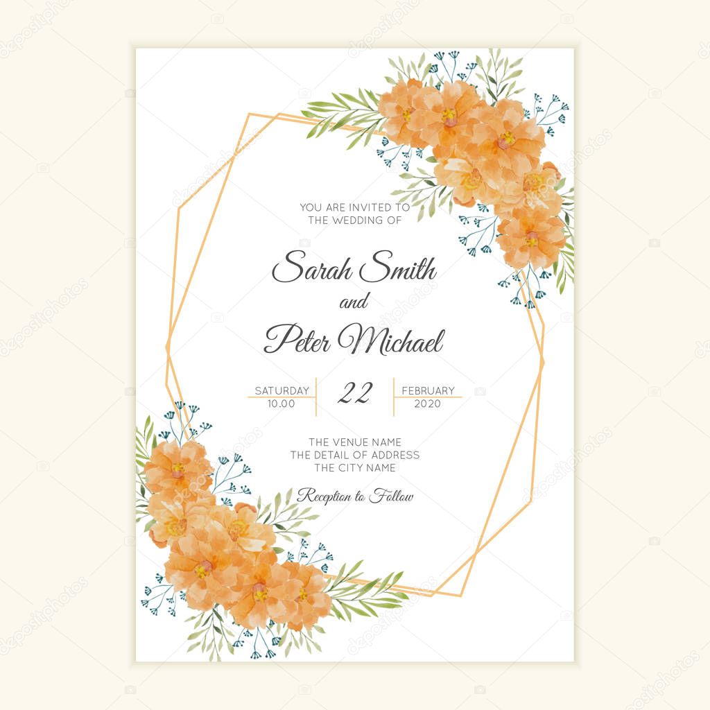 Rustic wedding invitation card with watercolor flower frame