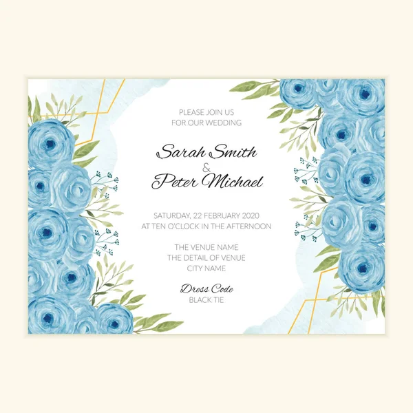 Tarjeta Invitación Boda Acuarela Con Decoración Rosa Azul — Vector de stock