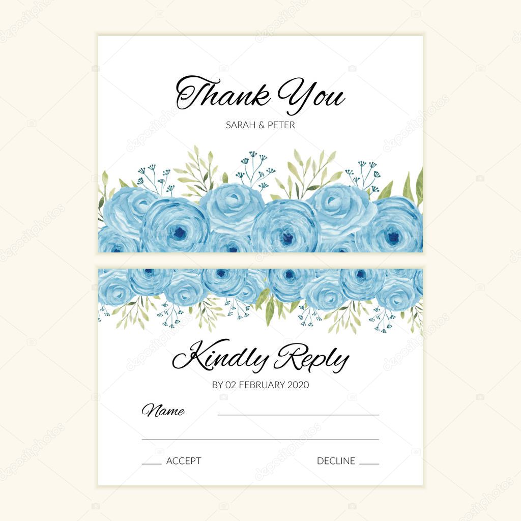 Wedding RSVP card template with blue watercolor rose decoration