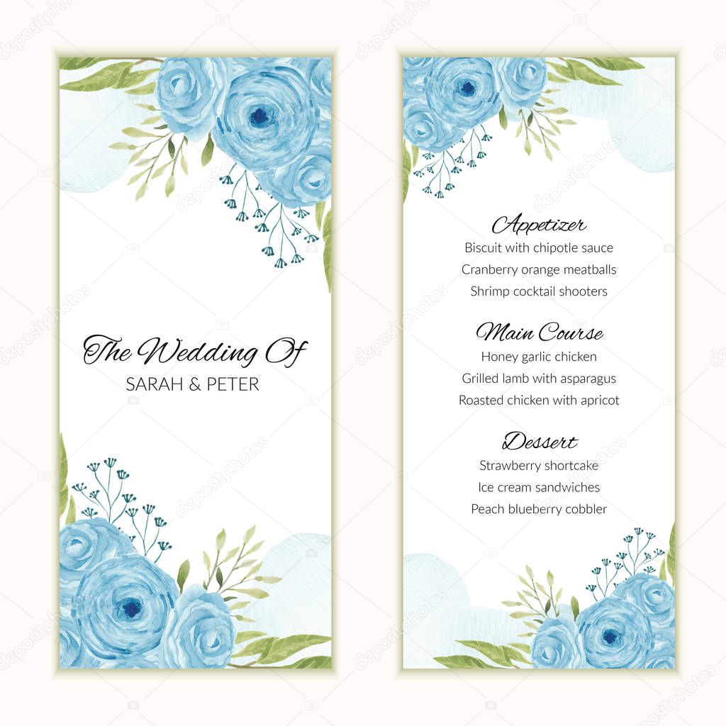 Wedding menu card with watercolor blue rose flower frame