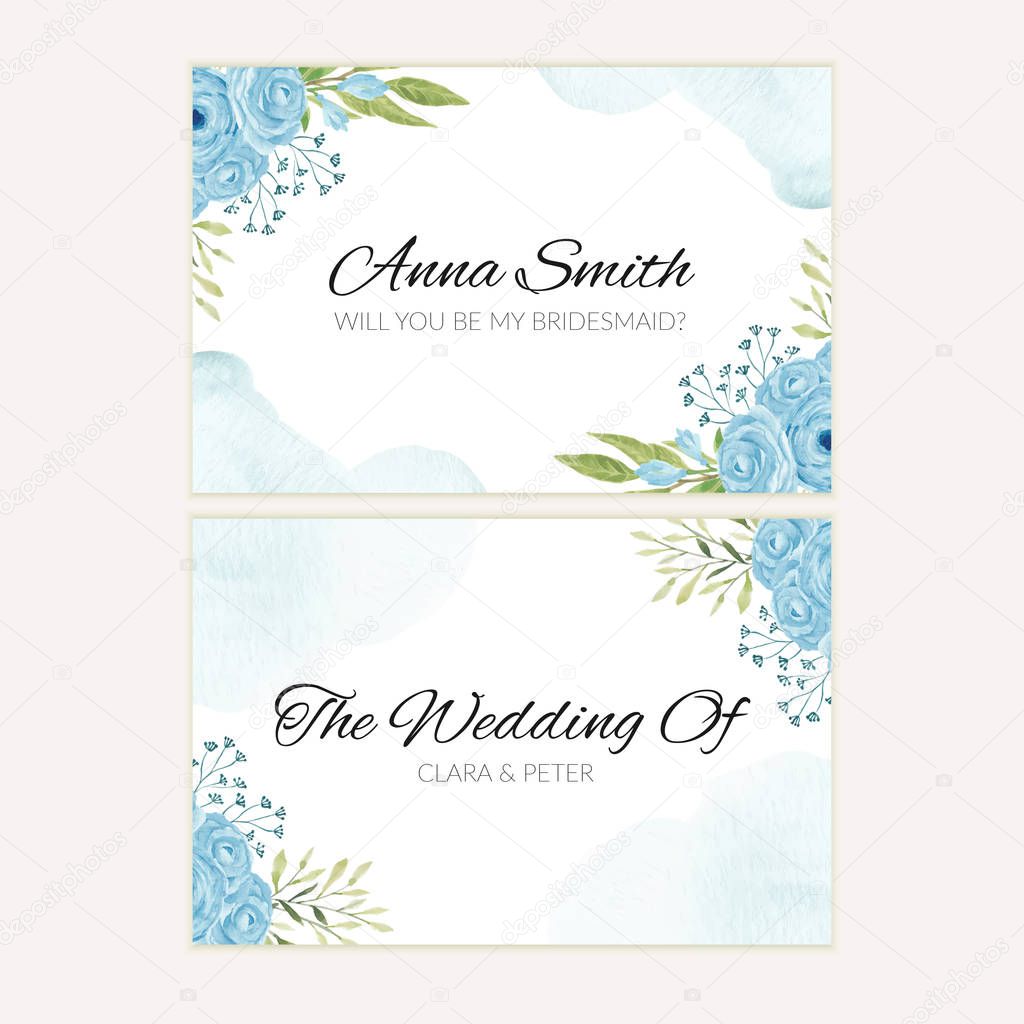 Watercolor blue rose flower bridesmaid greeting card template