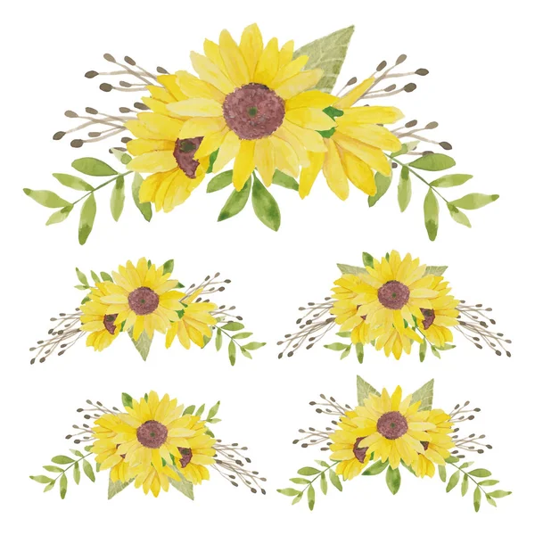 Aquarel Hand Geschilderd Zonnebloem Boeket Collectie — Stockvector