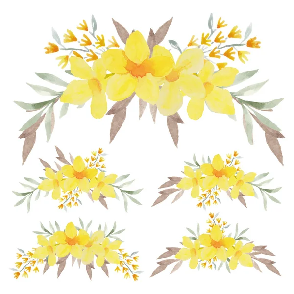 Ensemble Bouquet Fleurs Tropicales Allamanda Jaune Peint Main — Image vectorielle