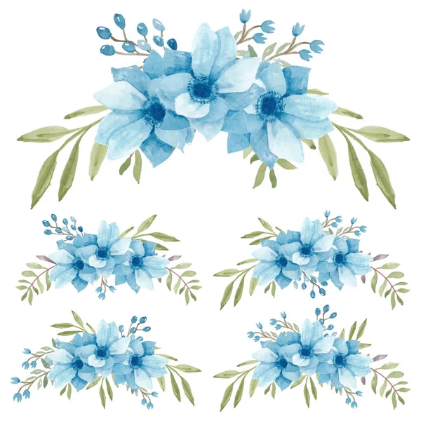 Aquarela Pintado Mão Azul Anêmona Conjunto Buquê Flores — Vetor de Stock