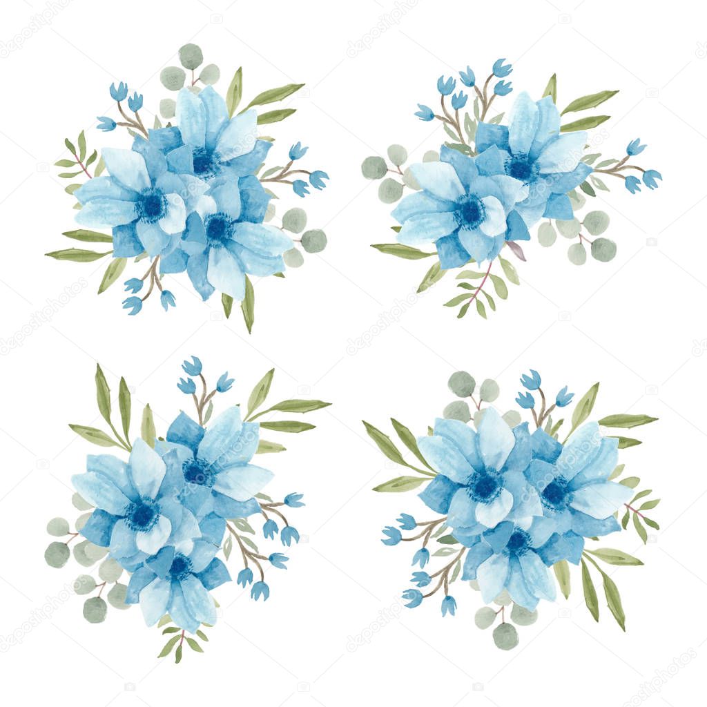 Watercolor blue anemone hand painted flower arrangement collection