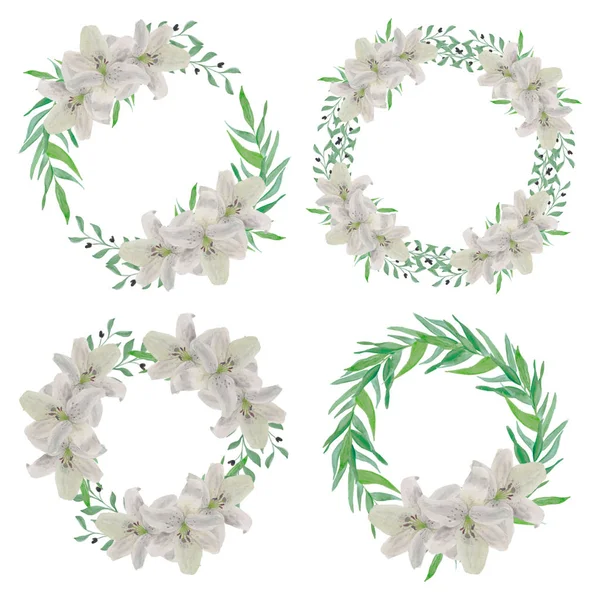 Белый Кружок Цветок Лилии Рамка Акварель Окрашены — стоковый вектор