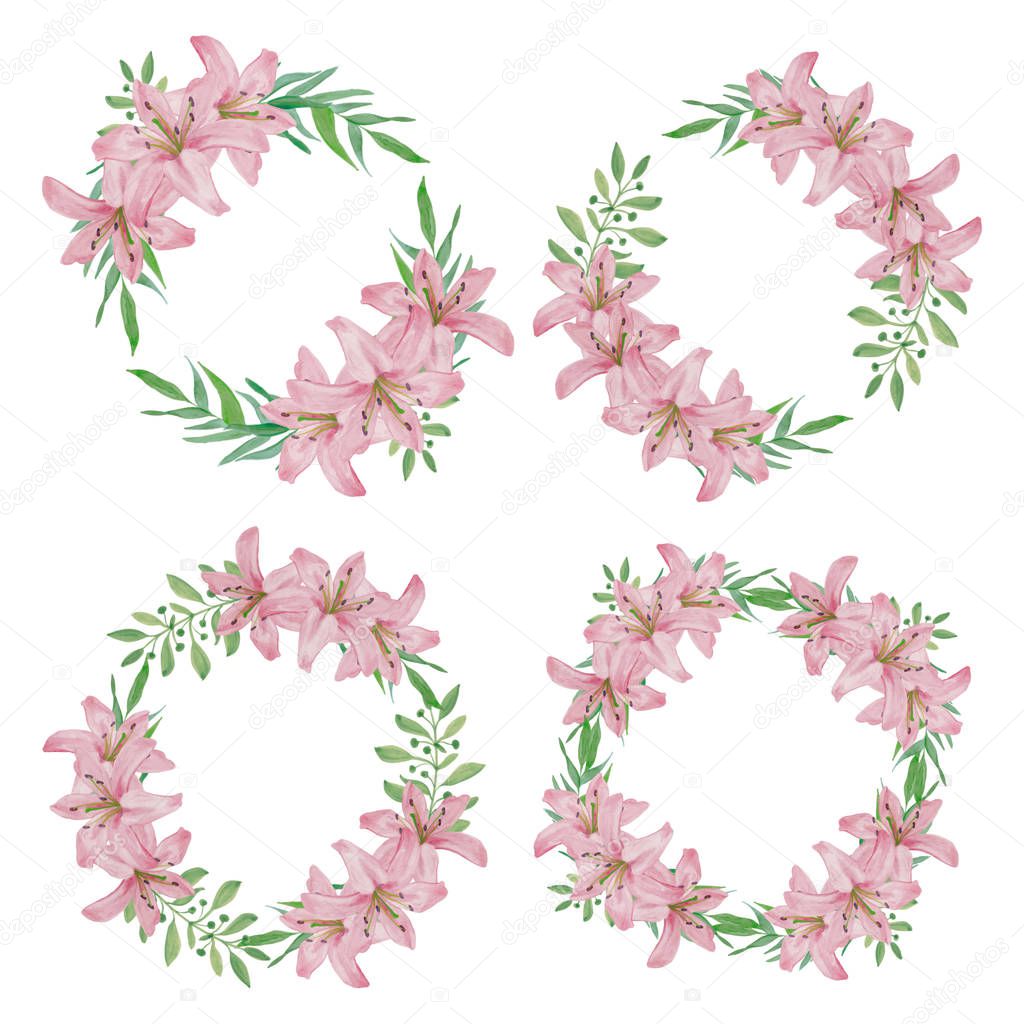 Watercolor pink lily flower wreath