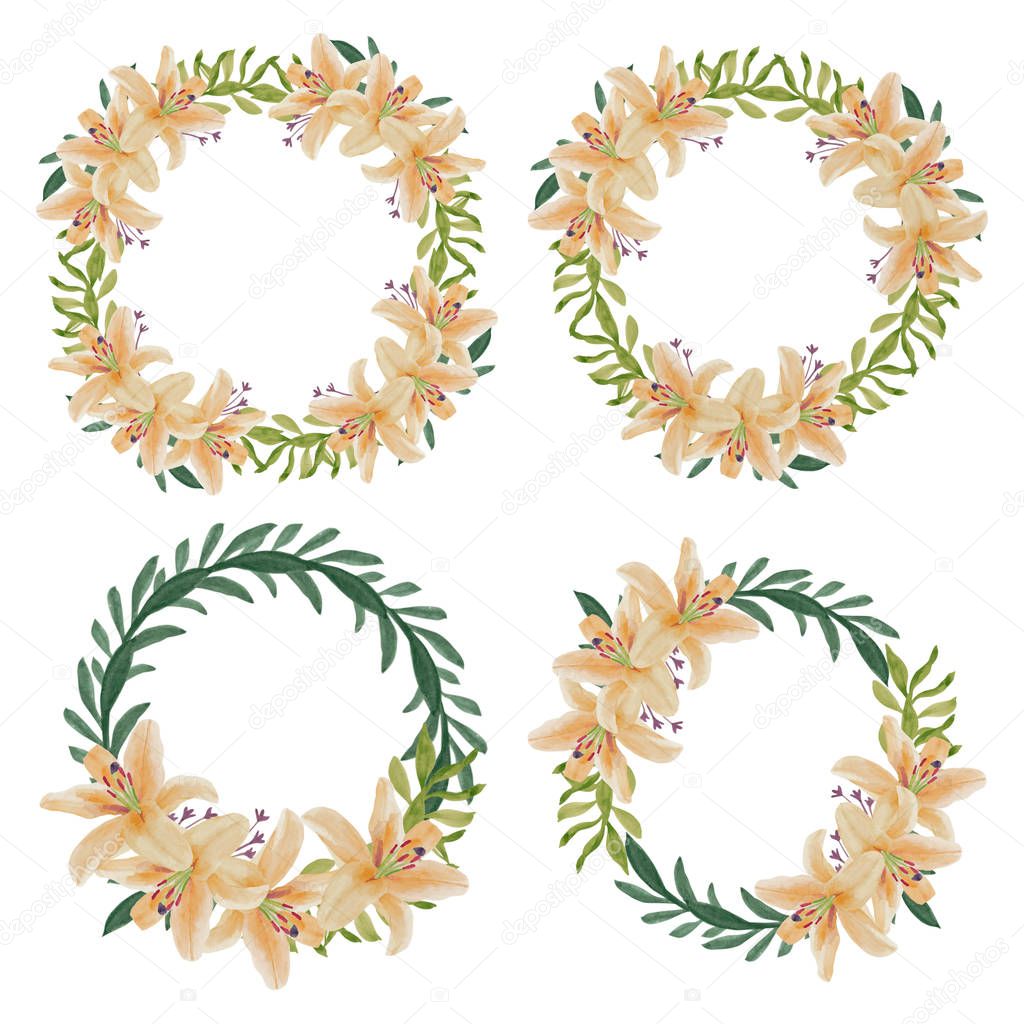 Watercolor lily flower circle wreath decoration