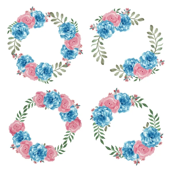 Hand Painted Blue Pink Rose Flower Circle Wreath — 스톡 벡터