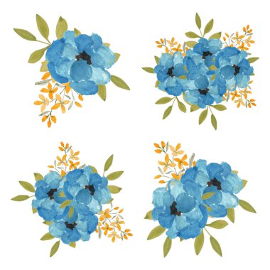 Watercolor hand painted blue flower bouquet set vector