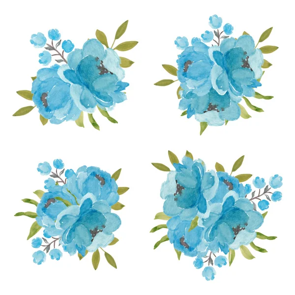 Conjunto Ramo Flores Peonía Azul Estilo Acuarela — Vector de stock