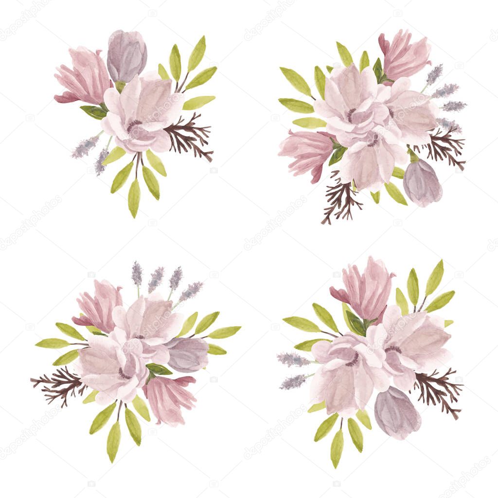 Spring magnolia flower bouquet watercolor illustration