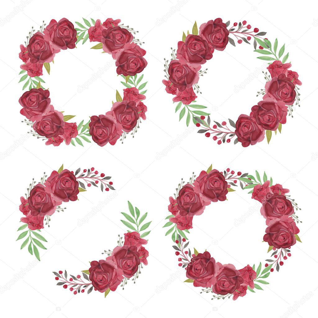 Burgundy watercolor rose flower wreath collection