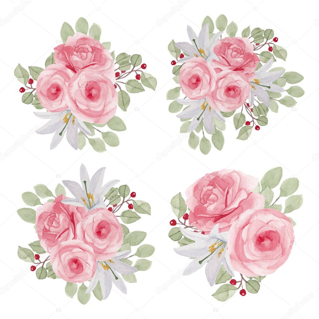 Rose flower watercolor illustration collection in pink color