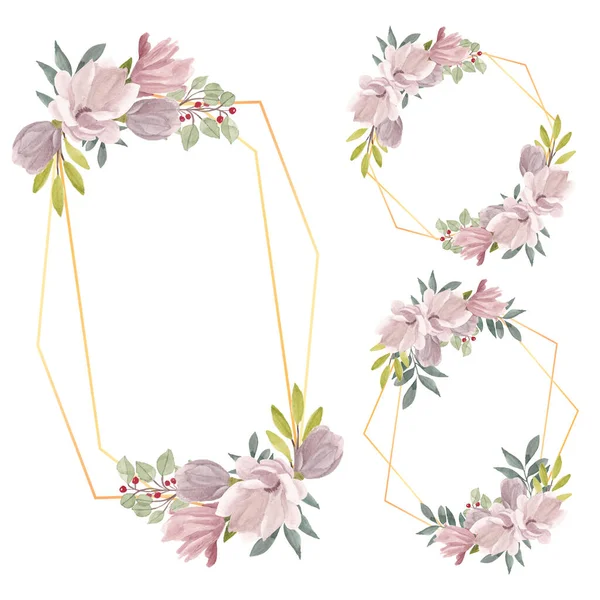 Set Watercolor Magnolia Flower Frame Border — 스톡 벡터