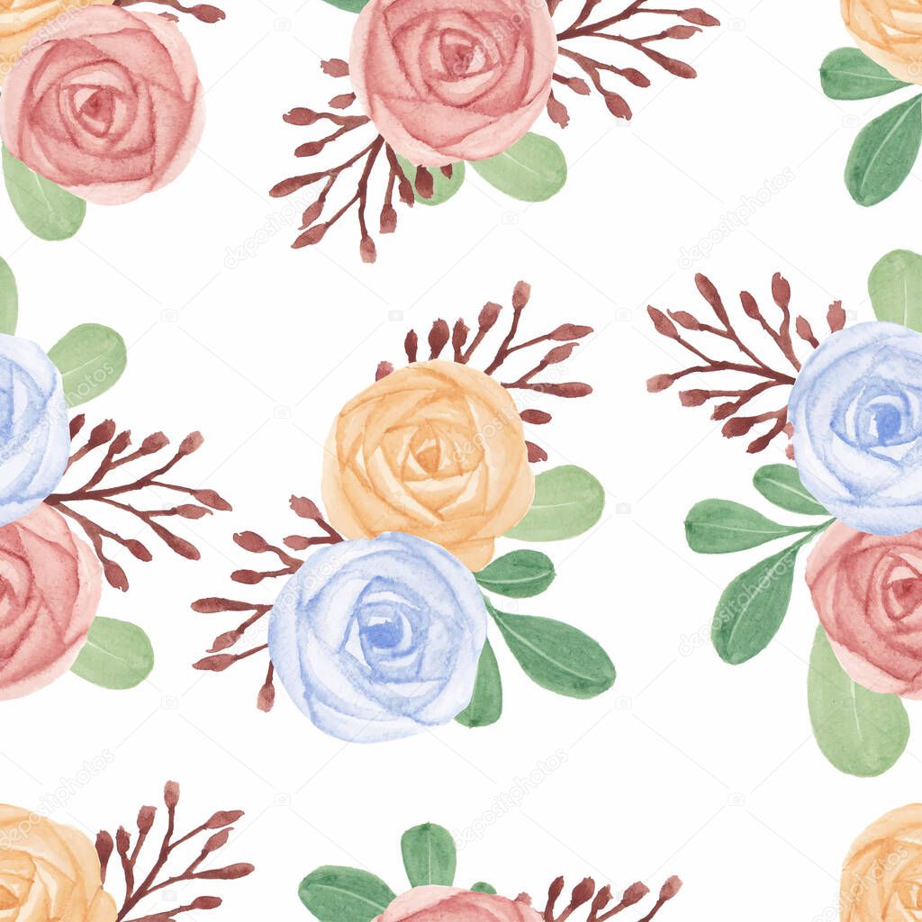 Watercolor colorful rose flower seamless pattern