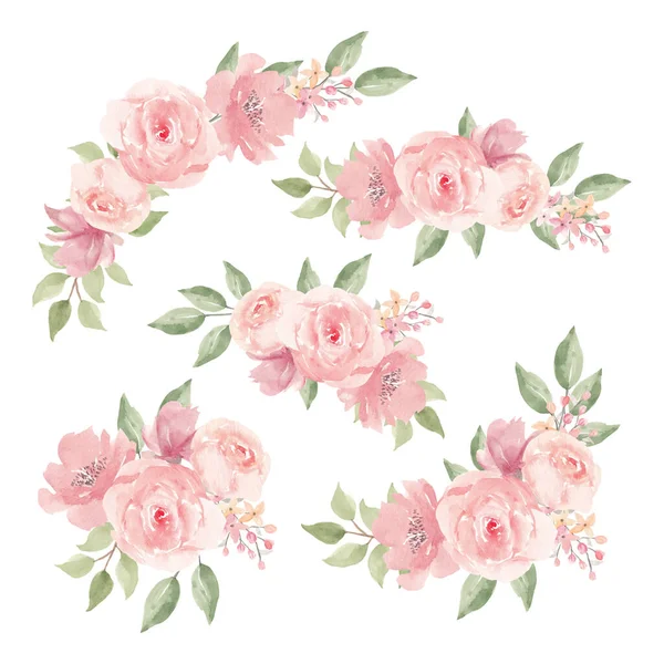 Watercolor Pink Rose Flower Bouquet Decoration Set — Stock Vector