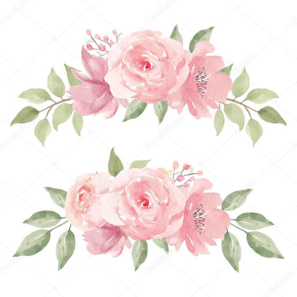 Watercolor illustration of pink rose flower arrangement collection