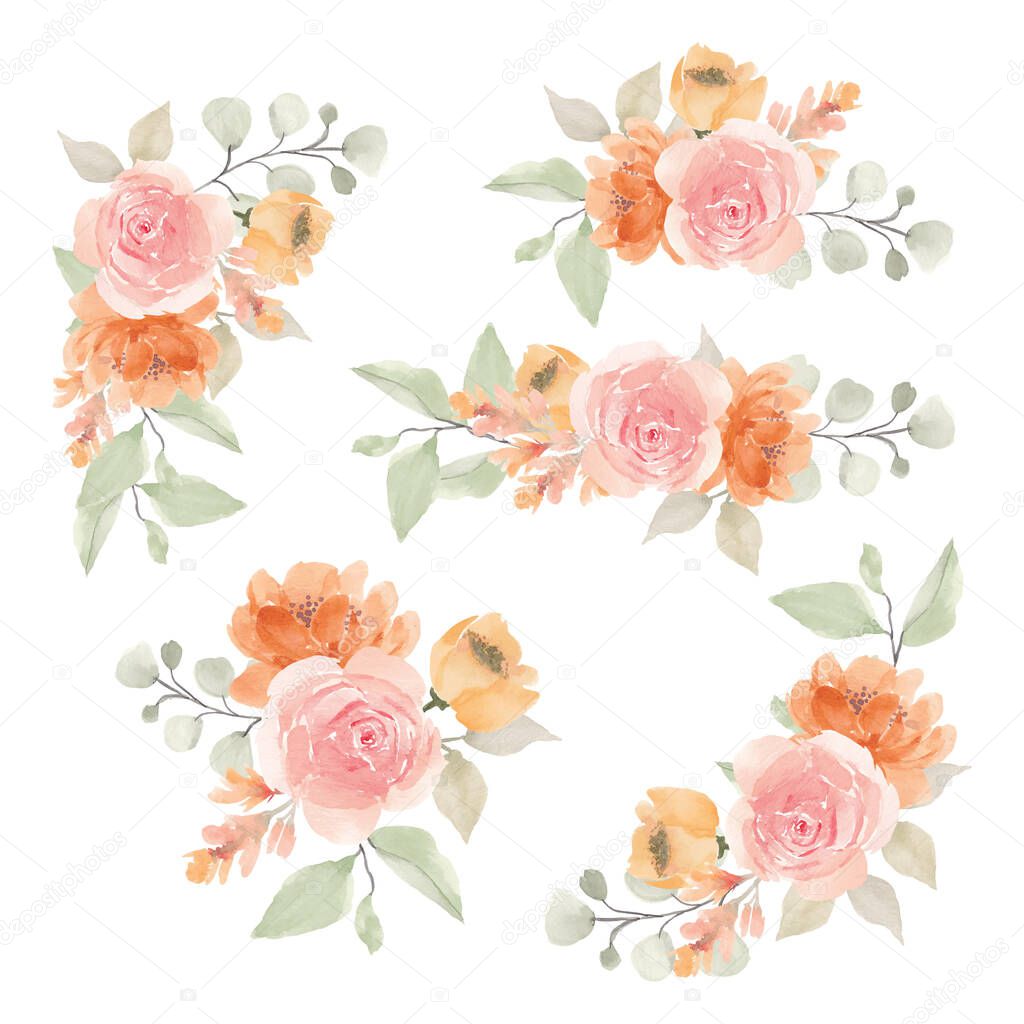 Watercolor rose floral bouquet hand painted set