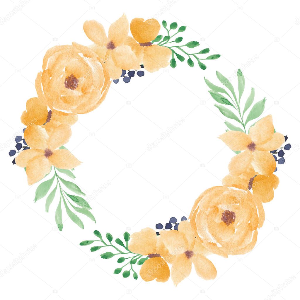 Yellow watercolor rose flower wreath