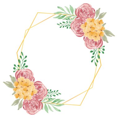 Altın çerçeveli suluboya gül çiçekleri