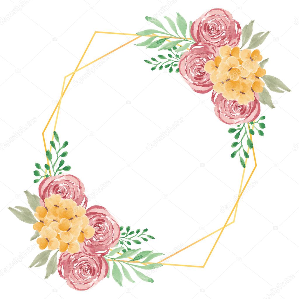 Watercolor rustic rose floral with golden frame