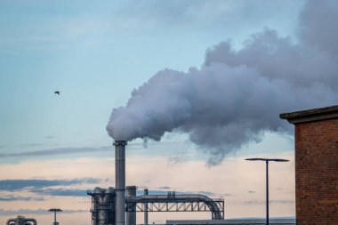 Endüstriyel bacadan bir sürü duman ve duman yükseliyor.