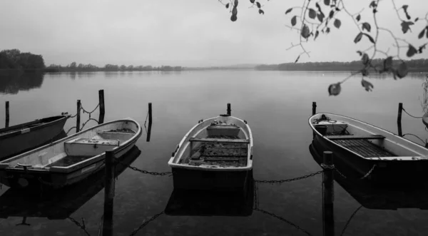 En un lago hay varios botes de remos en la orilla y que un — Foto de Stock