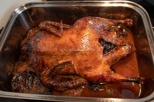 In a silver roasting pot lies a crispy brown roasted duck — Stock Photo, Image