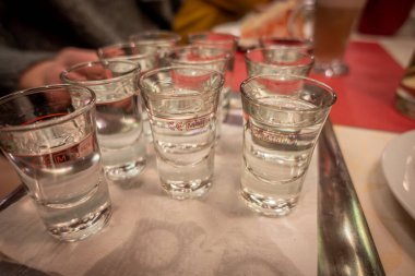 Masanın üzerinde küçük bir tepsi var. Üzerinde birkaç bardak alkol var.