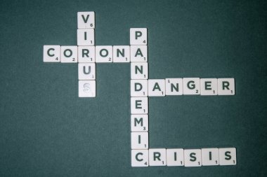Yeşil bir zeminde harflerle yazılmış oyun taşları vardır: Corona, Virüs, Tehlike, Risk