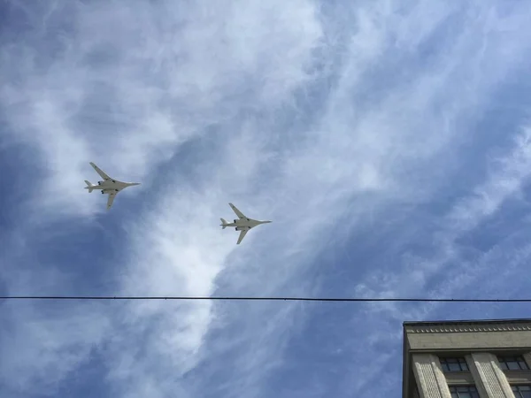 Military Parade Moscow Military Planes Fly Formation Blue Sky — Stock Photo, Image