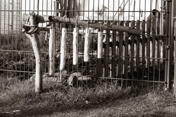Auf Einem Zaun Steht Ein Selbst Geschnitztes Windspiel Aus Holz — Stockfoto