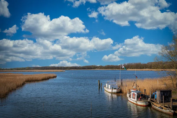 Küçük Balıkçı Tekneleri Bir Nehrin Kıyısına Demirlemiştir — Stok fotoğraf
