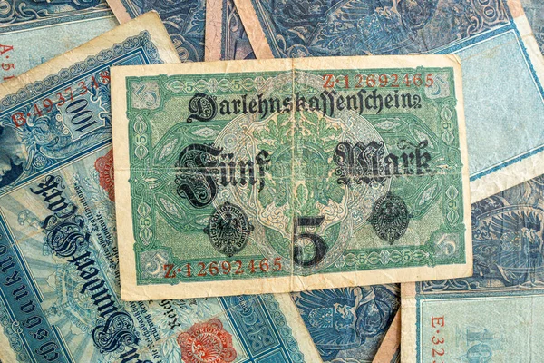 Old Historical German Banknotes Lie Spread Out Table — Stock Photo, Image