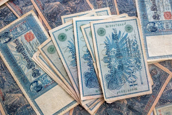 Old Historical German Banknotes Lie Spread Out Table — Stock Photo, Image