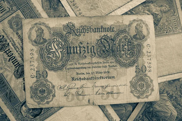 Old Historical German Banknotes Lie Spread Out Table — Stock Photo, Image