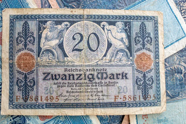 Old Historical German Banknotes Lie Spread Out Table — Stock Photo, Image