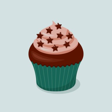 Vector chocolate muffin with cream and chocolate stars. Isolated on a blue background. Vector illustration. Bakery. Celebration cupcake.