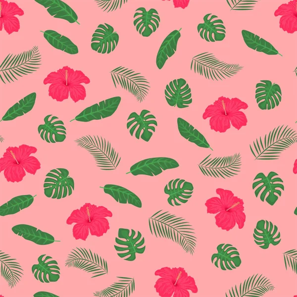 Tropical Leaves Hibiscus Palm Monstera Exotic Seamless Pattern Vector Illustration — 스톡 벡터