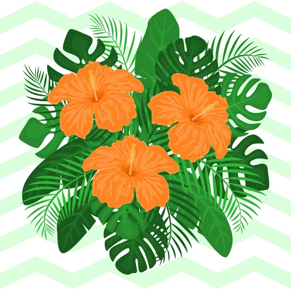 Tropical illustration. Vector. Orange hibiscus with palm leaves. Tropical plant.