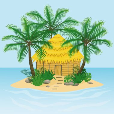 An island in the sea with a cottage and tropical plants. Beach with palm trees, monstera, jungle forest. Vector illustration.