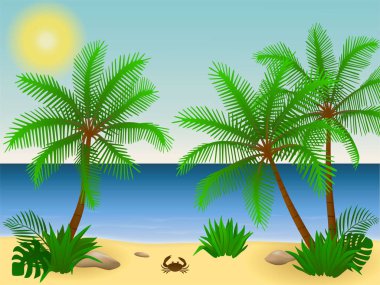 Denizde tropik bitkilerle dolu bir sahil. Palmiye ağaçları, yengeç, canavar, orman ormanı. Okyanus. Güneşi. Vektör illüstrasyonu.